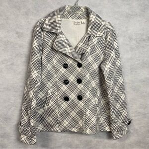 Cato Peacoat Jacket Button Up Plaid Medium Gray White Preppy Retro Mod 90s Y2K